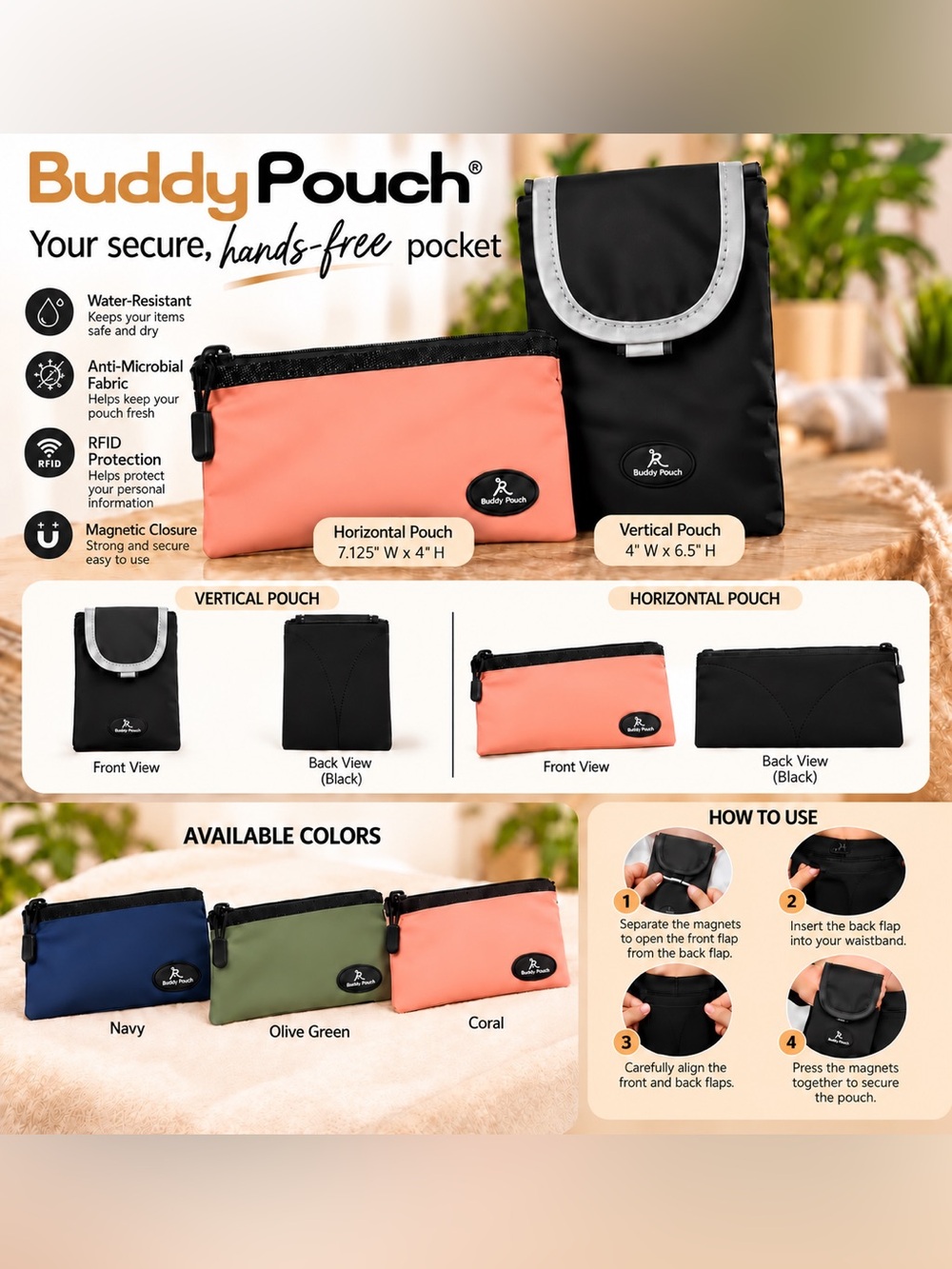 Running Buddy / Buddy Pouch Magnetic Pocket Pouches 2 Pack 2-Pack Black & Coral